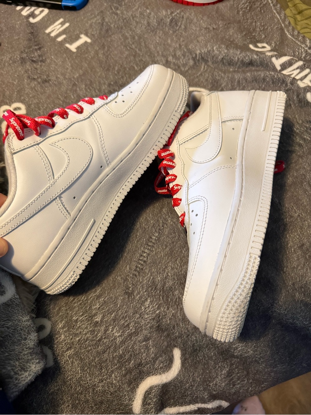 Nike White Air Force 1 with Red Supreme Laces - Picture 5 of 6